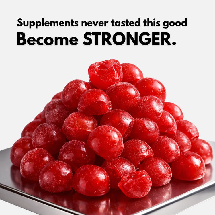 A pile of red strawberry creatine gummies
